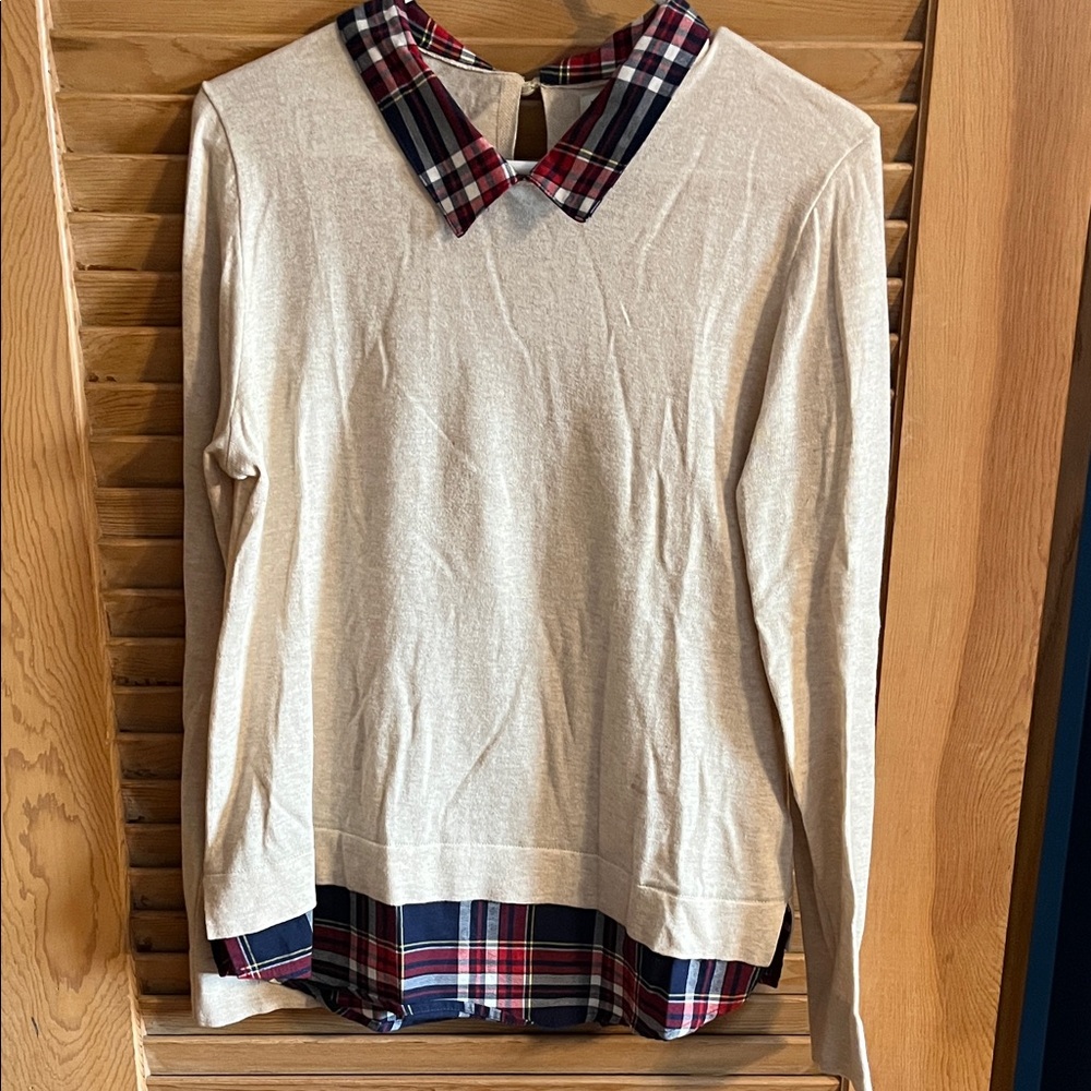 J. Crew Cream Sweater with Plaid Accents